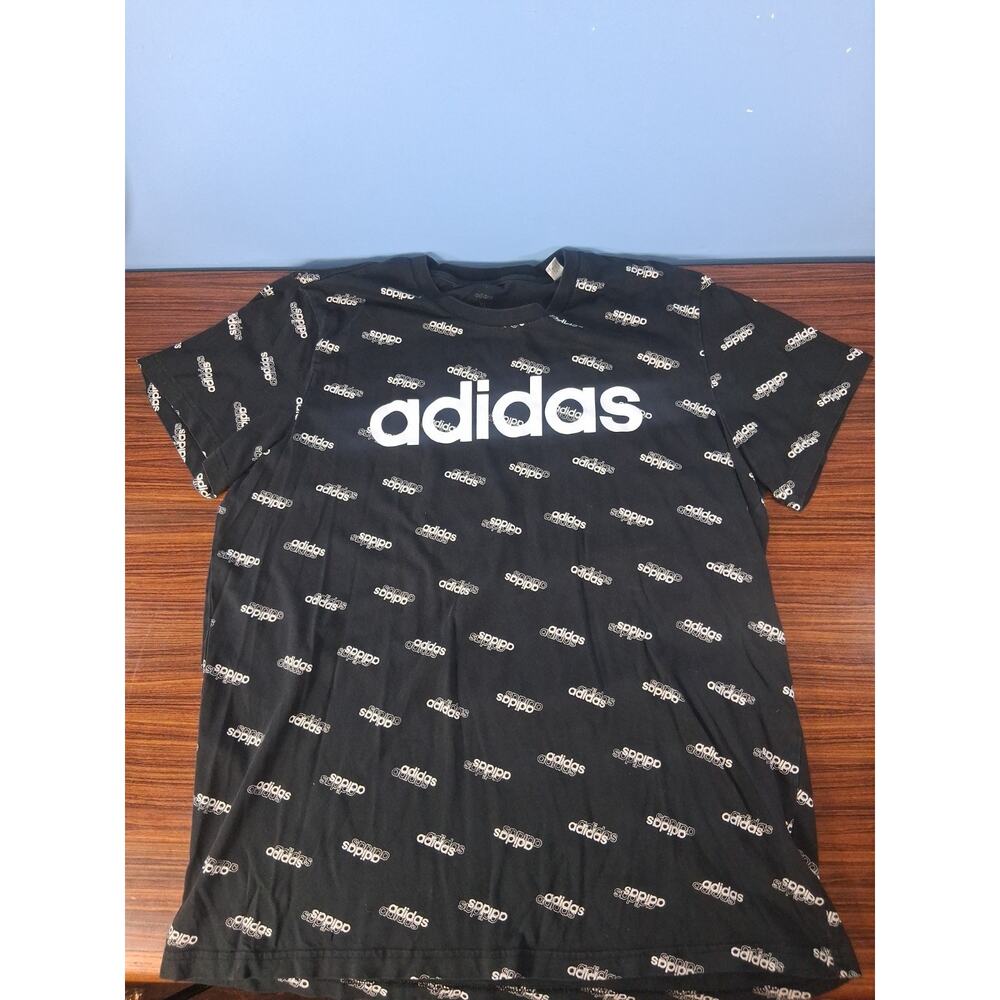 Adidas Logo Black Shirt Size XL White Logo All Over Print Short Sleeve - Picture 2 of 8